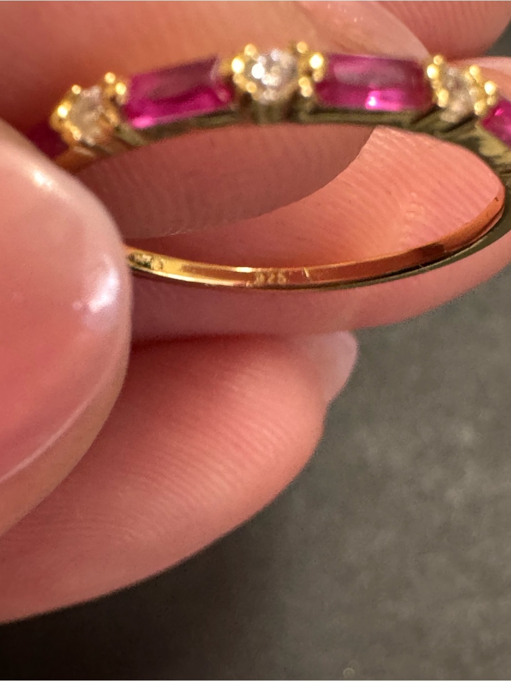 Gold Band Ring with Pink and Clear Stones - Picture 3 of 5